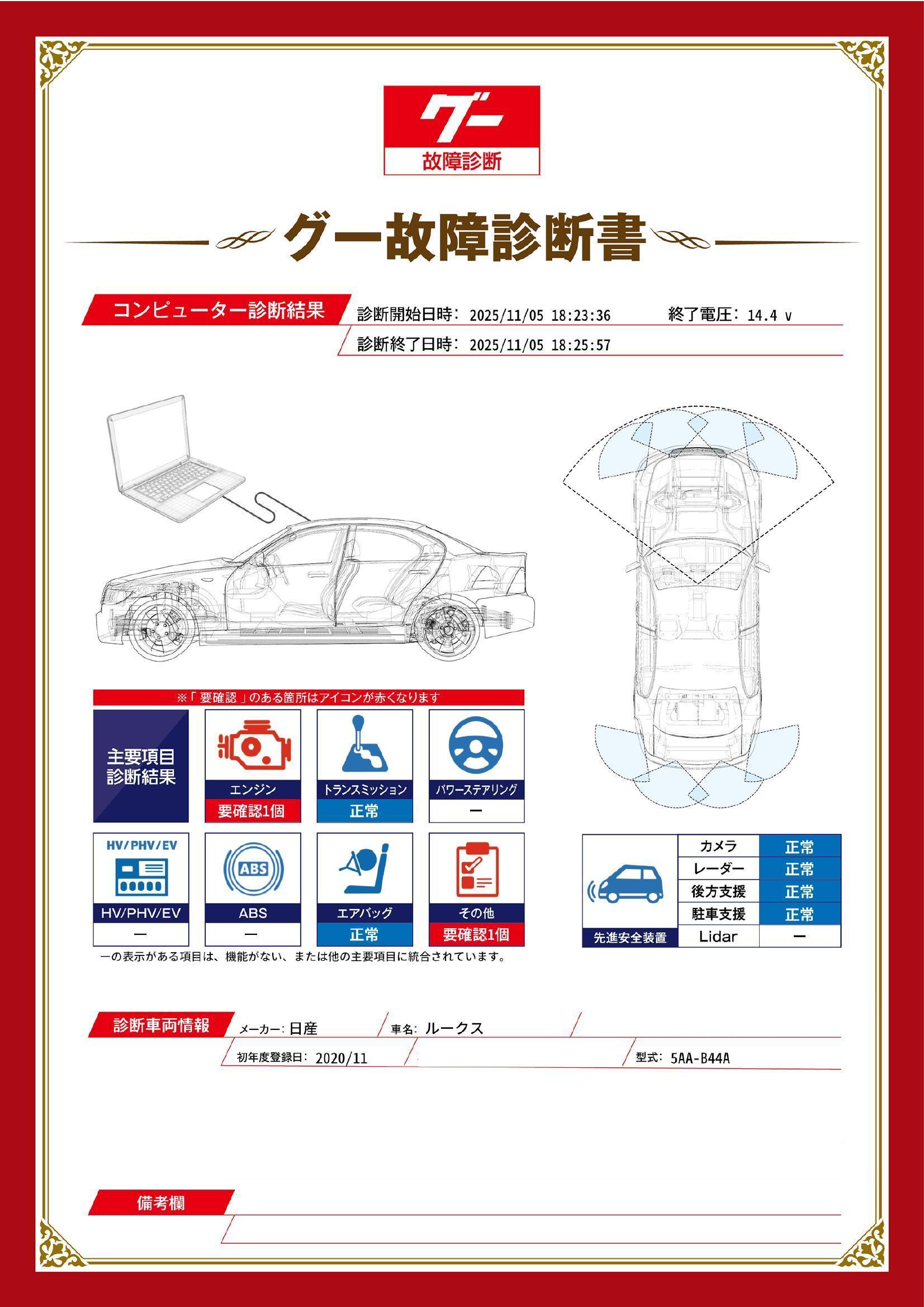 日産　ルークス　グー故障診断（コンピュータ診断）　エンジン　その他　石川県　金沢市