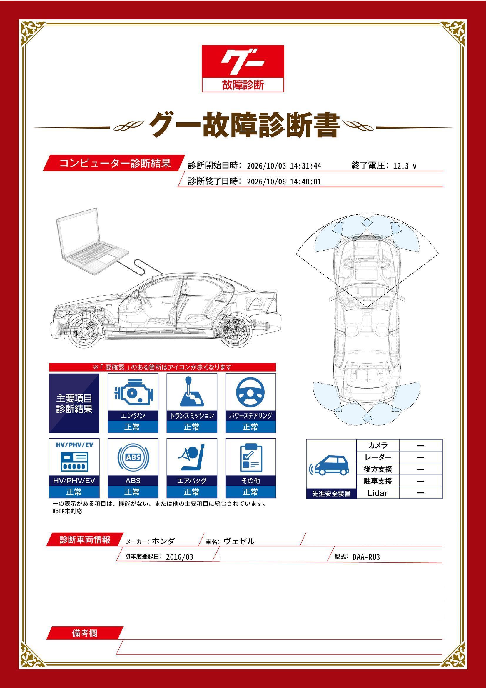 ホンダ　ヴェゼル　グー故障診断（コンピュータ診断）　株式会社オートコジマ　車検　点検　修理　故障　滋賀　野洲　守山　栗東　草津　近江八幡　竜王　湖南
