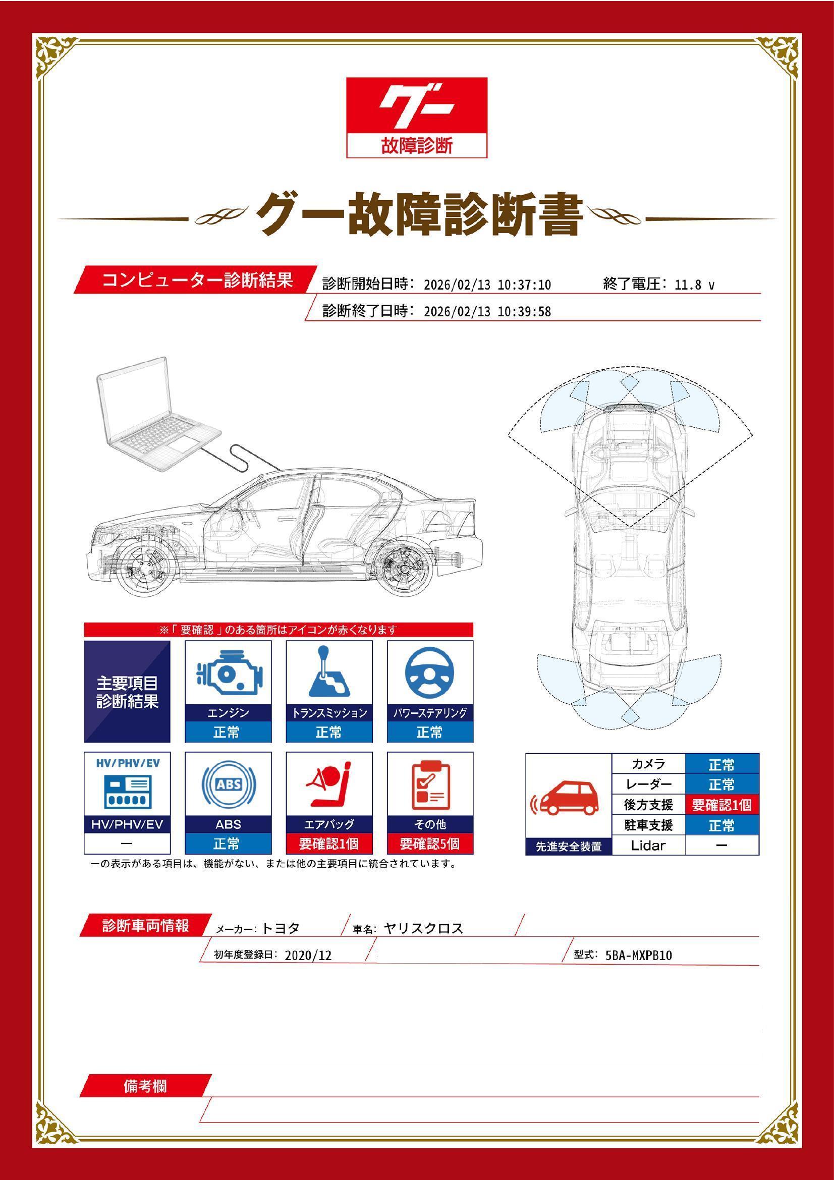 トヨタ　ヤリスクロス　グー故障診断（コンピュータ診断）　エアバッグ　先進安全装置　その他　熊本県　熊本市南区