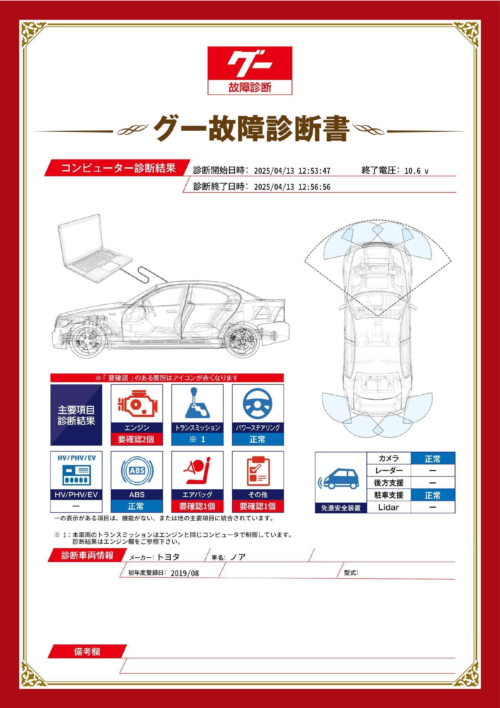 トヨタ　ノア　グー故障診断（コンピュータ診断）　エンジン　エアバッグ　その他　愛知県　豊川市