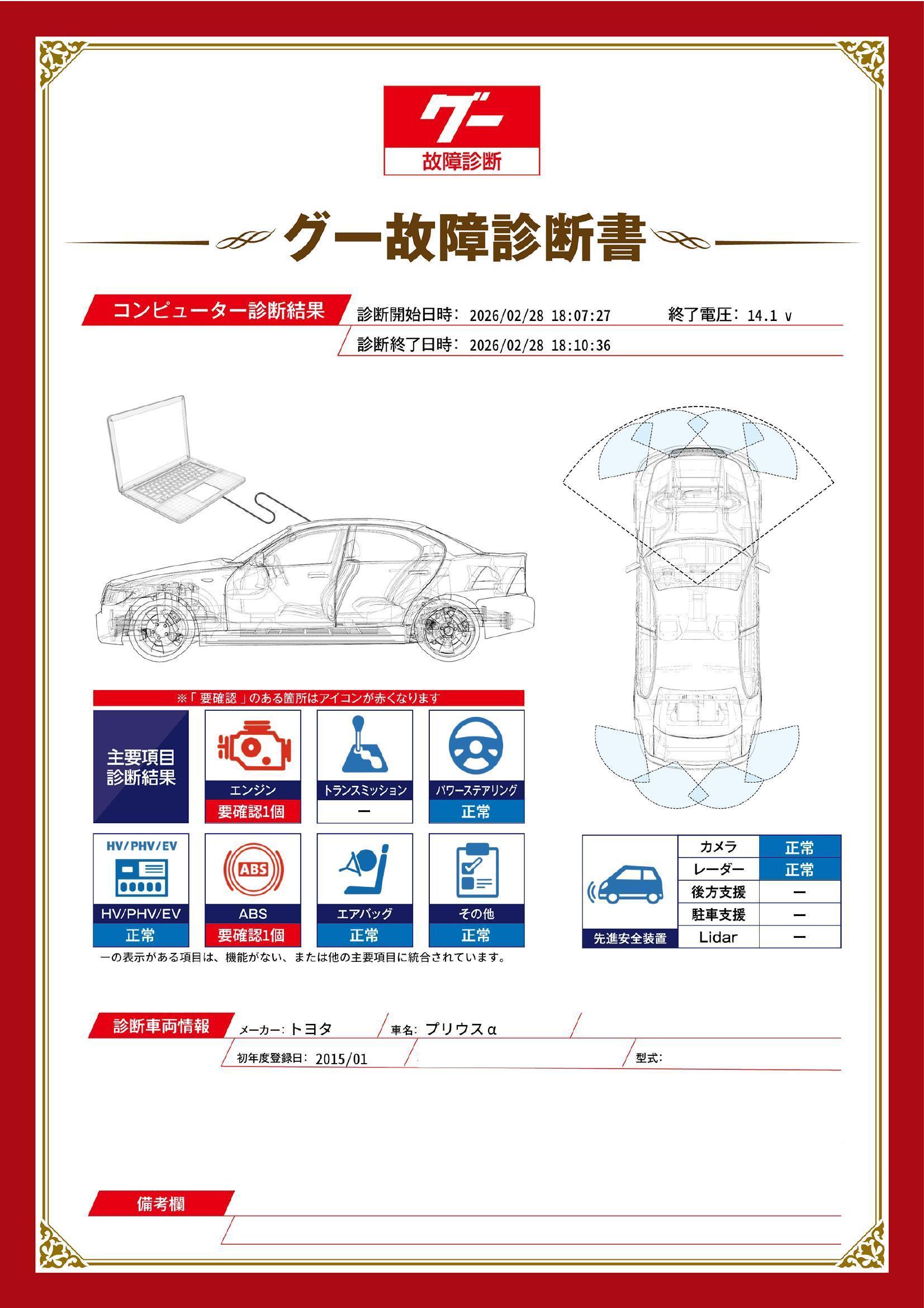 トヨタ　プリウス&alpha;　グー故障診断（コンピュータ診断）　エンジン　ABS　愛知県　小牧市