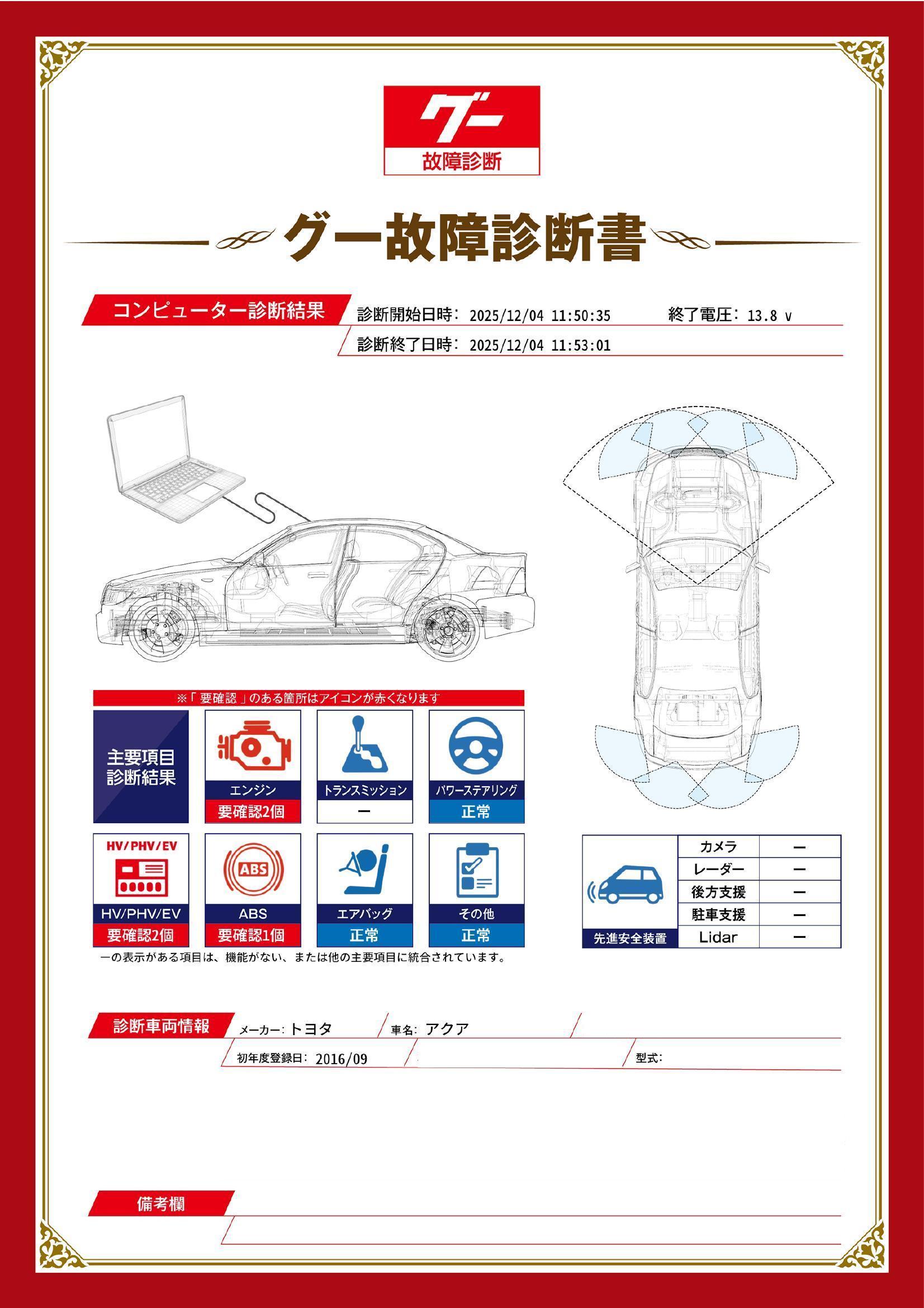トヨタ　アクア　グー故障診断（コンピュータ診断）　エンジン　HV / PHV / EV　ABS　愛知県　小牧市