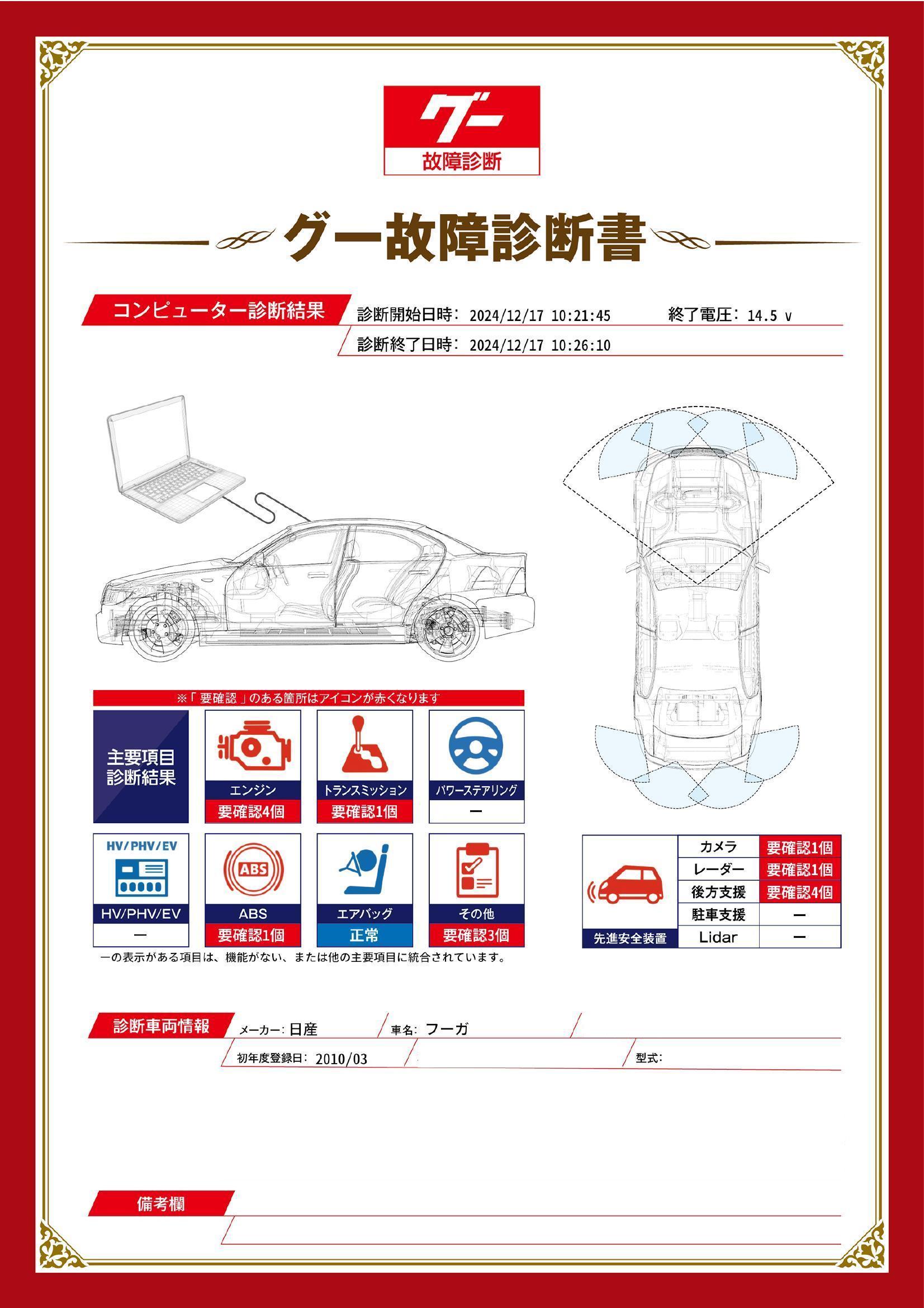 日産　フーガ　グー故障診断（コンピュータ診断）　エンジン　トランスミッション　ABS　先進安全装置　その他　愛知県　名古屋市天白区