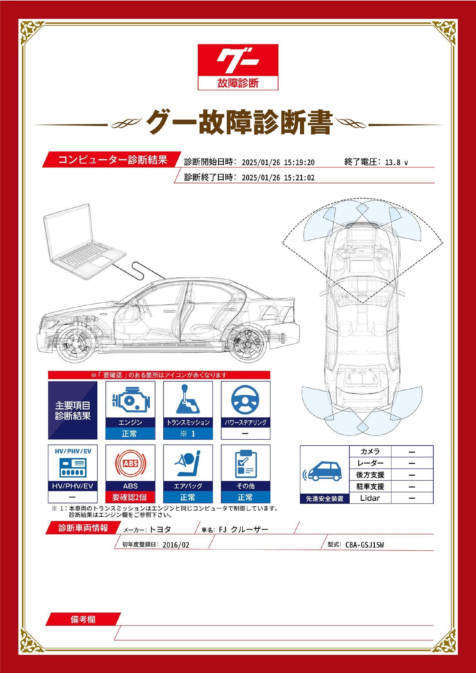 トヨタ　FJ クルーザー　グー故障診断（コンピュータ診断）　ABS　愛知県　春日井市