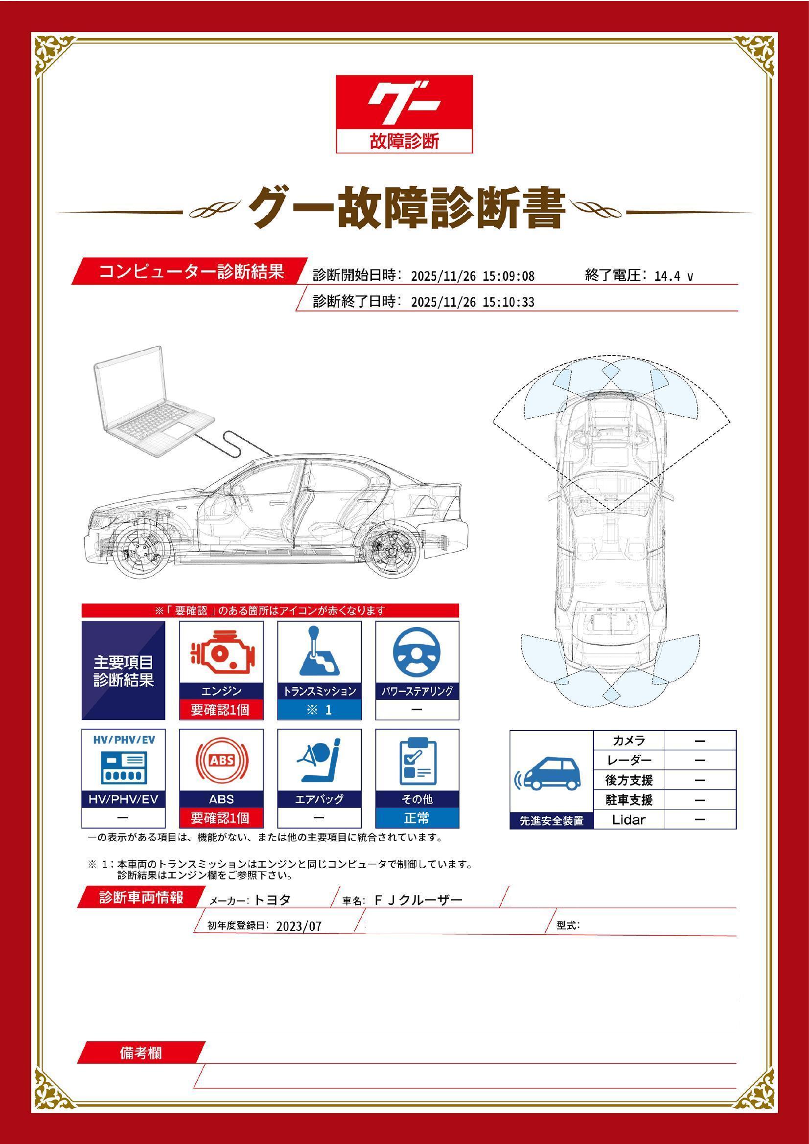 トヨタ　ＦＪクルーザー　グー故障診断（コンピュータ診断）　エンジン　ABS　愛知県　春日井市