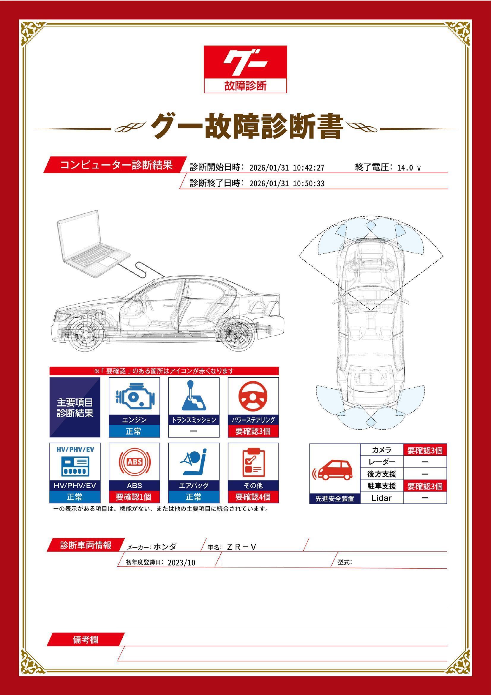 ホンダ　ＺＲ－Ｖ　グー故障診断（コンピュータ診断）　ABS　パワーステアリング　先進安全装置　その他　愛知県　春日井市