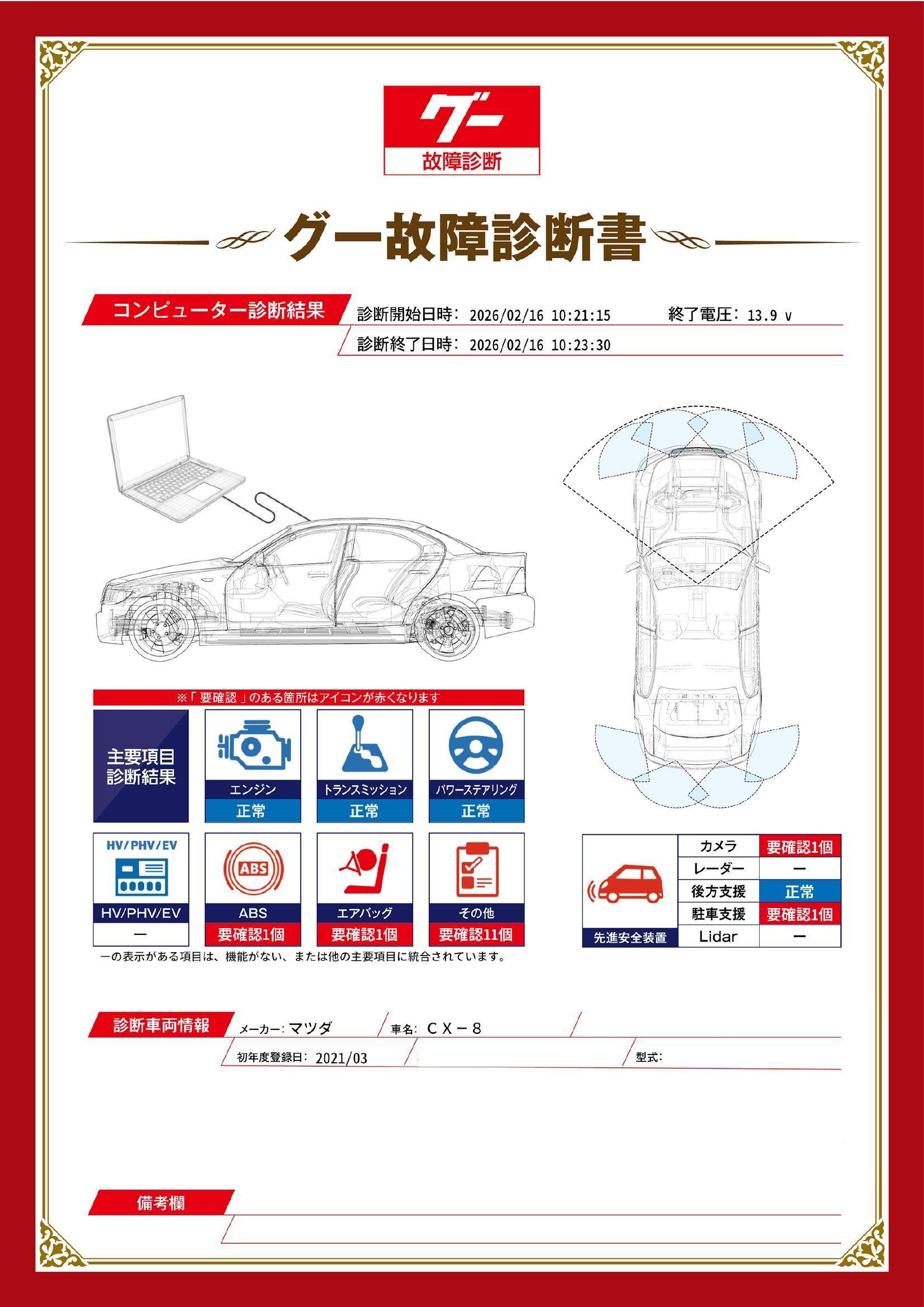 マツダ　ＣＸ－８　グー故障診断（コンピュータ診断）　ABS　エアバッグ　先進安全装置　その他　岐阜県　大垣市