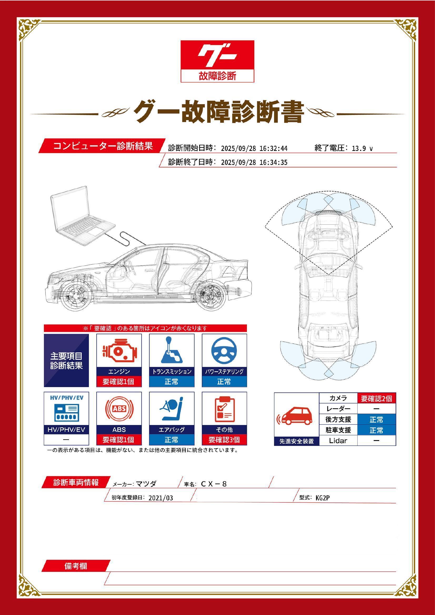 マツダ　ＣＸ－８　グー故障診断（コンピュータ診断）　エンジン　ABS　先進安全装置　その他　岐阜県　大垣市