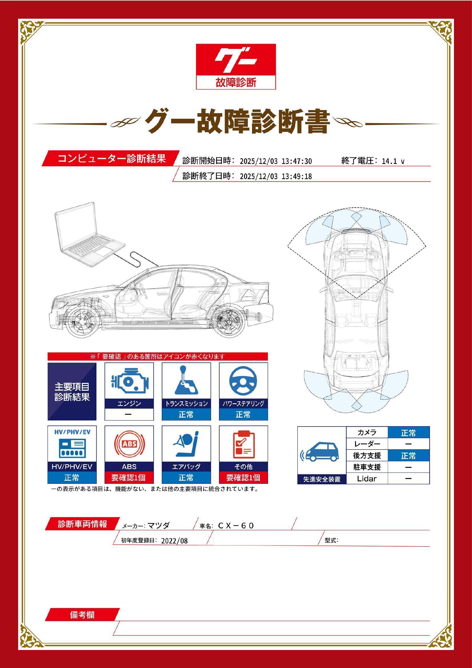マツダ　ＣＸ－６０　グー故障診断（コンピュータ診断）　ABS　その他　岐阜県　大垣市