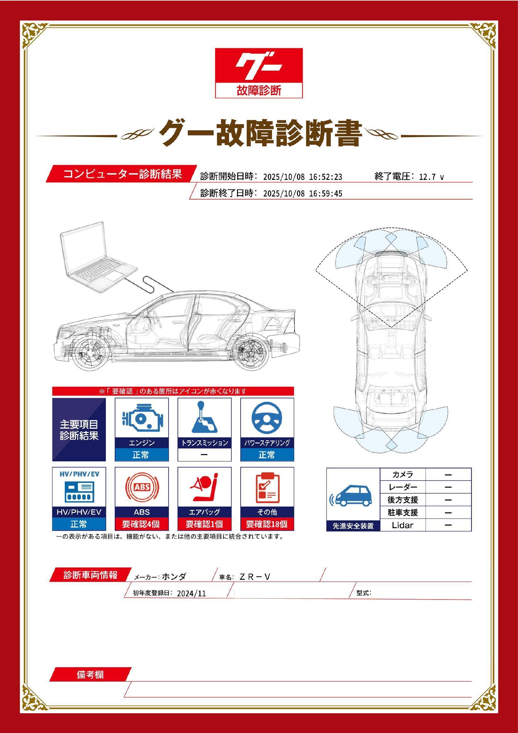 ホンダ　ＺＲ－Ｖ　グー故障診断（コンピュータ診断）　ABS　エアバッグ　その他　愛知県　東海市