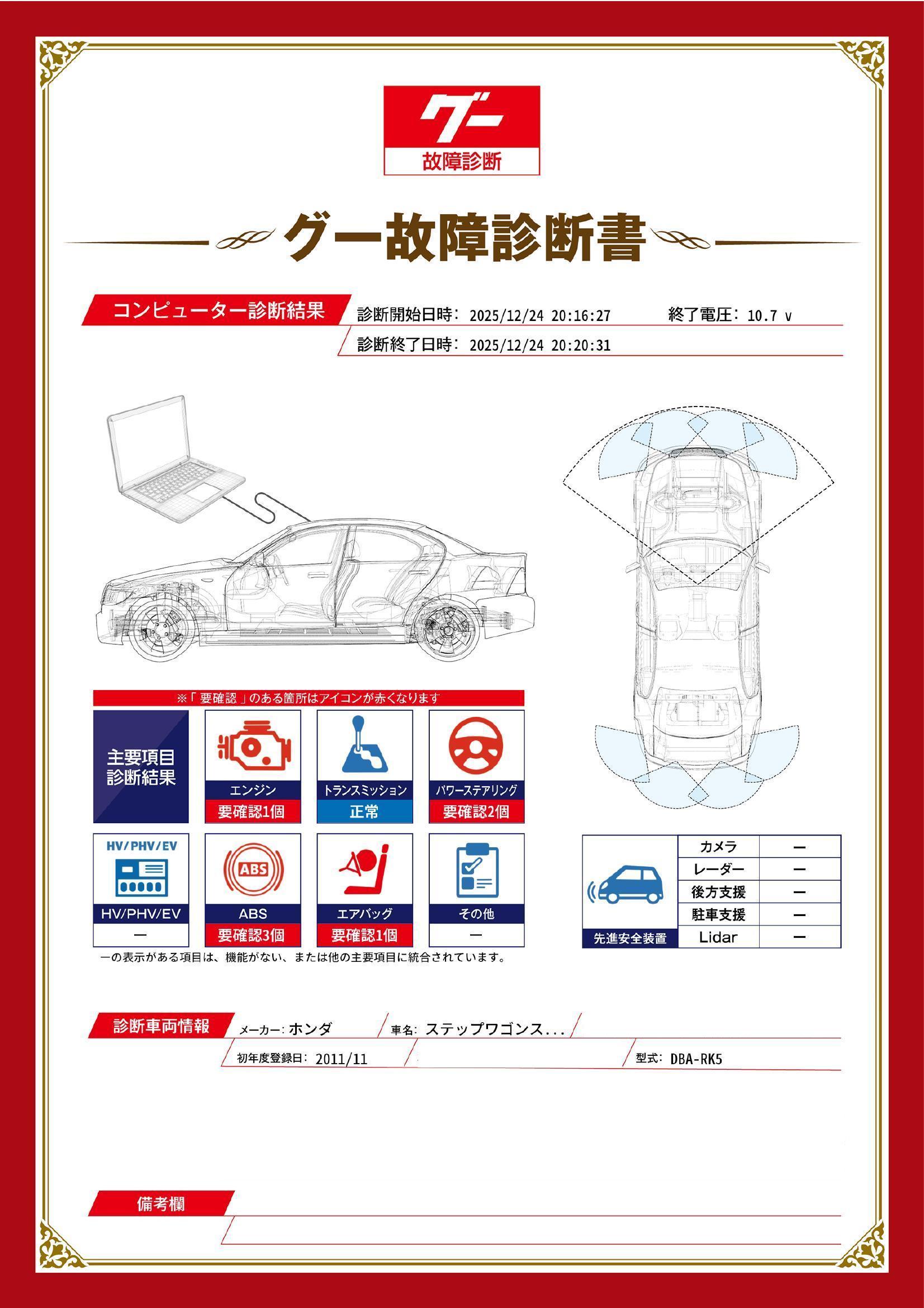 ホンダ　ステップワゴンスパーダ　グー故障診断（コンピュータ診断）　エンジン　ABS　パワーステアリング　エアバッグ　茨城県　常総市