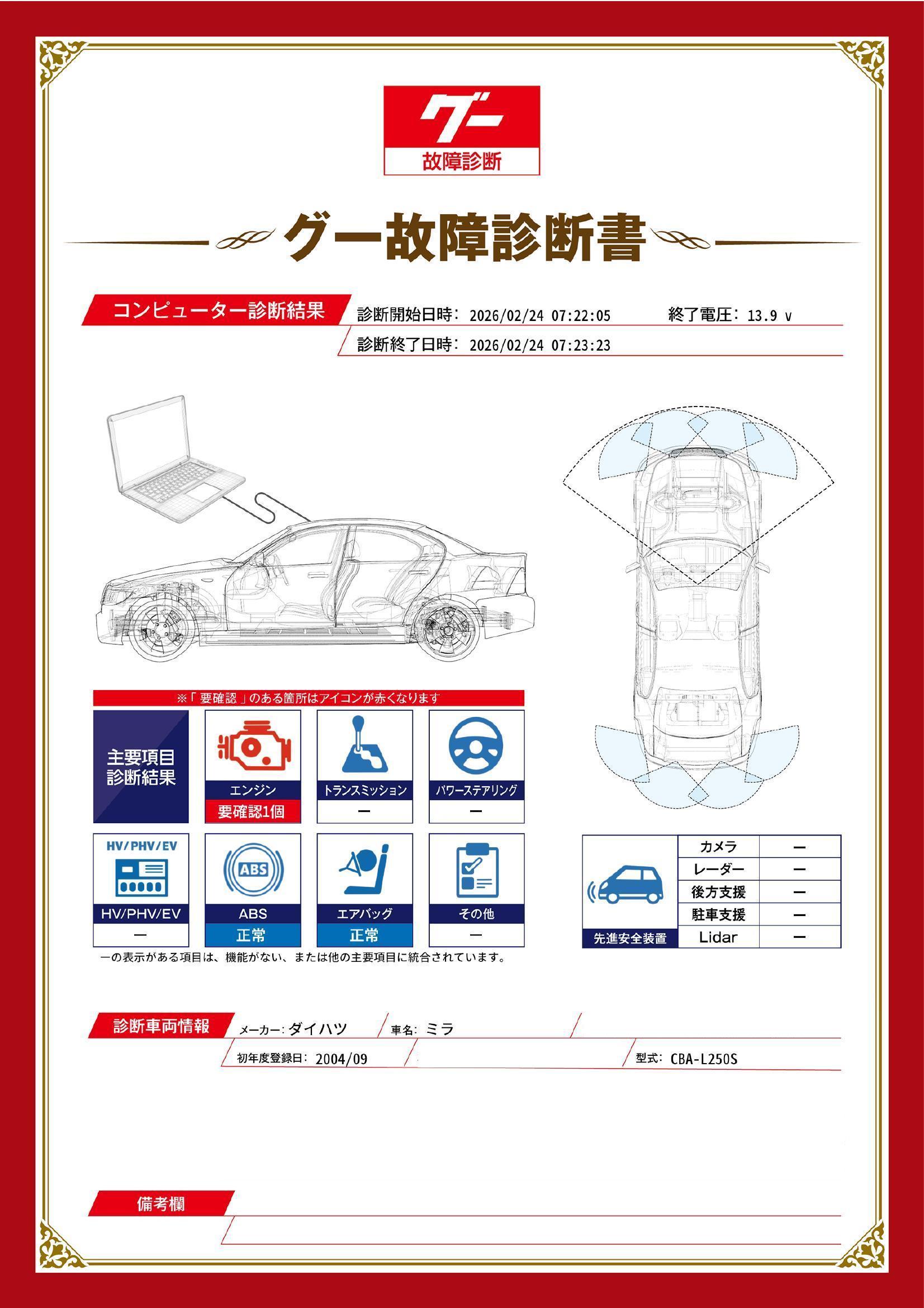 ダイハツ　ミラアヴィ　グー故障診断（コンピュータ診断）　エンジン　埼玉県　朝霞市