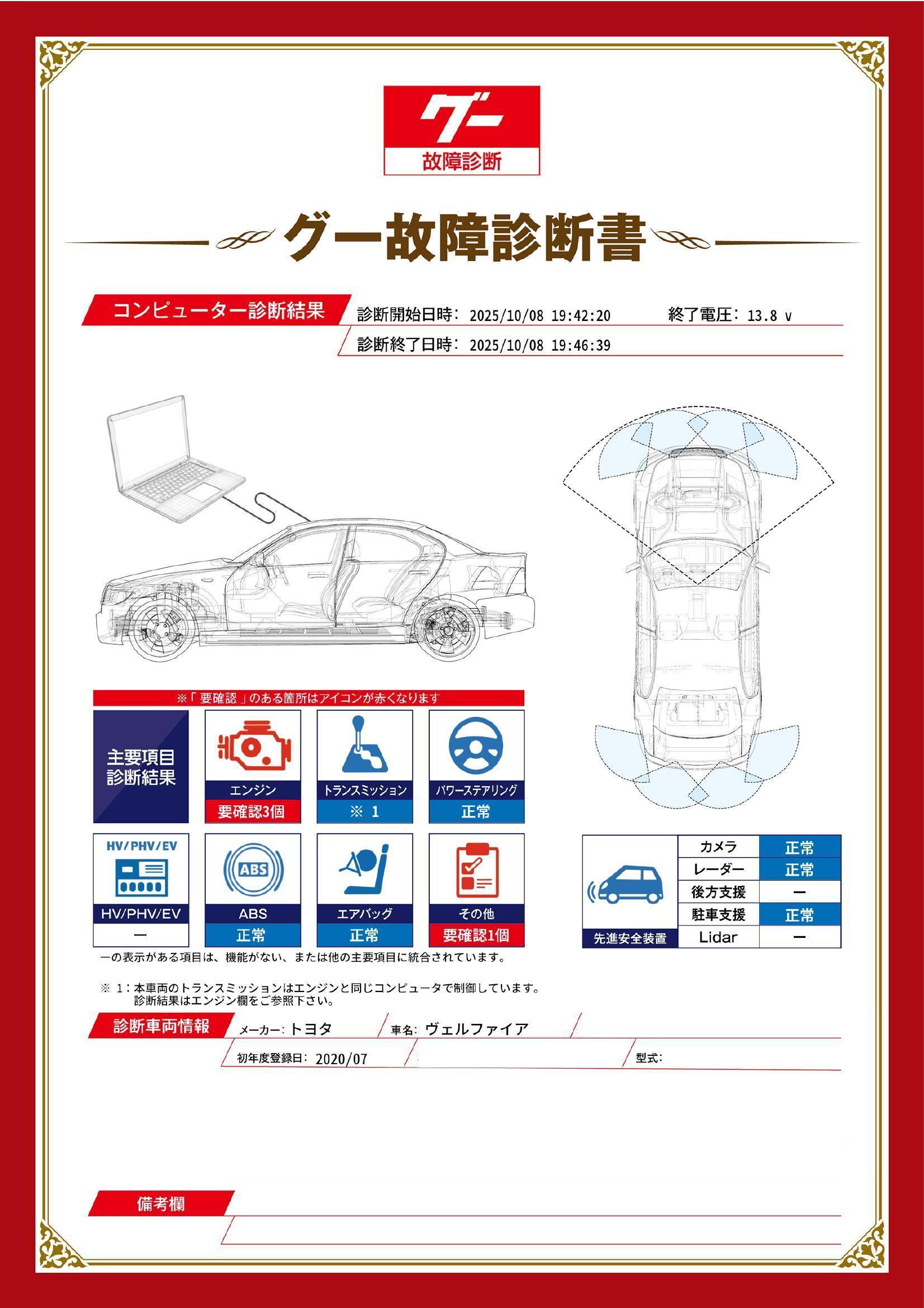 トヨタ　ヴェルファイア　グー故障診断（コンピュータ診断）　エンジン　その他　静岡県　浜松市中央区