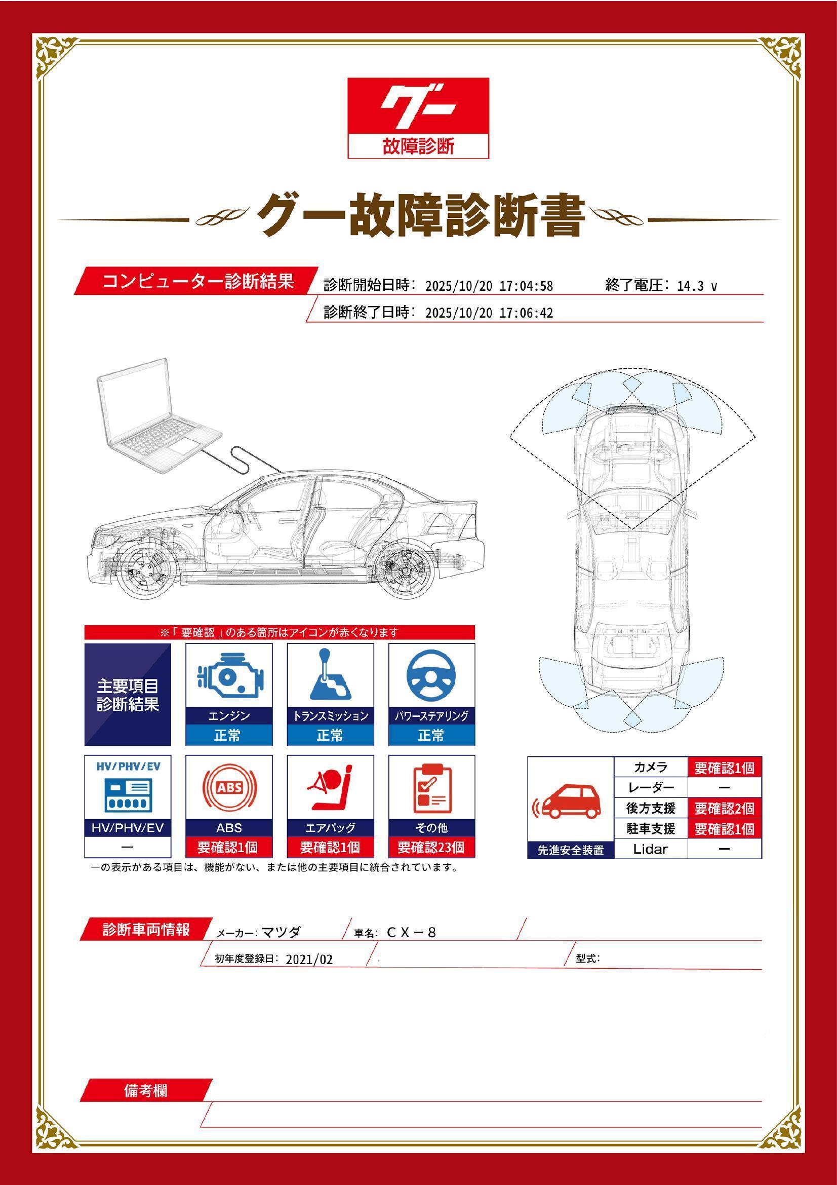 マツダ　ＣＸ－８　グー故障診断（コンピュータ診断）　ABS　エアバッグ　先進安全装置　その他　静岡県　浜松市中央区