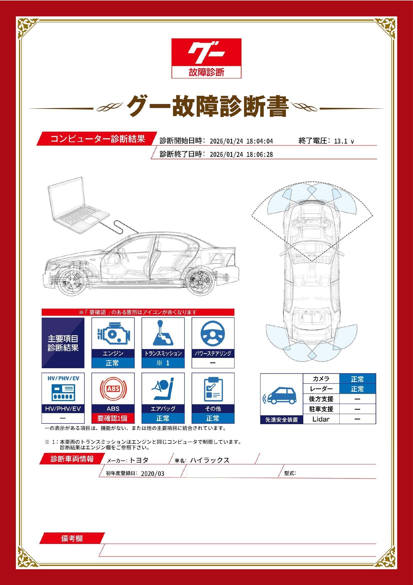 トヨタ　ハイラックス　グー故障診断（コンピュータ診断）　ABS　静岡県　浜松市中央区