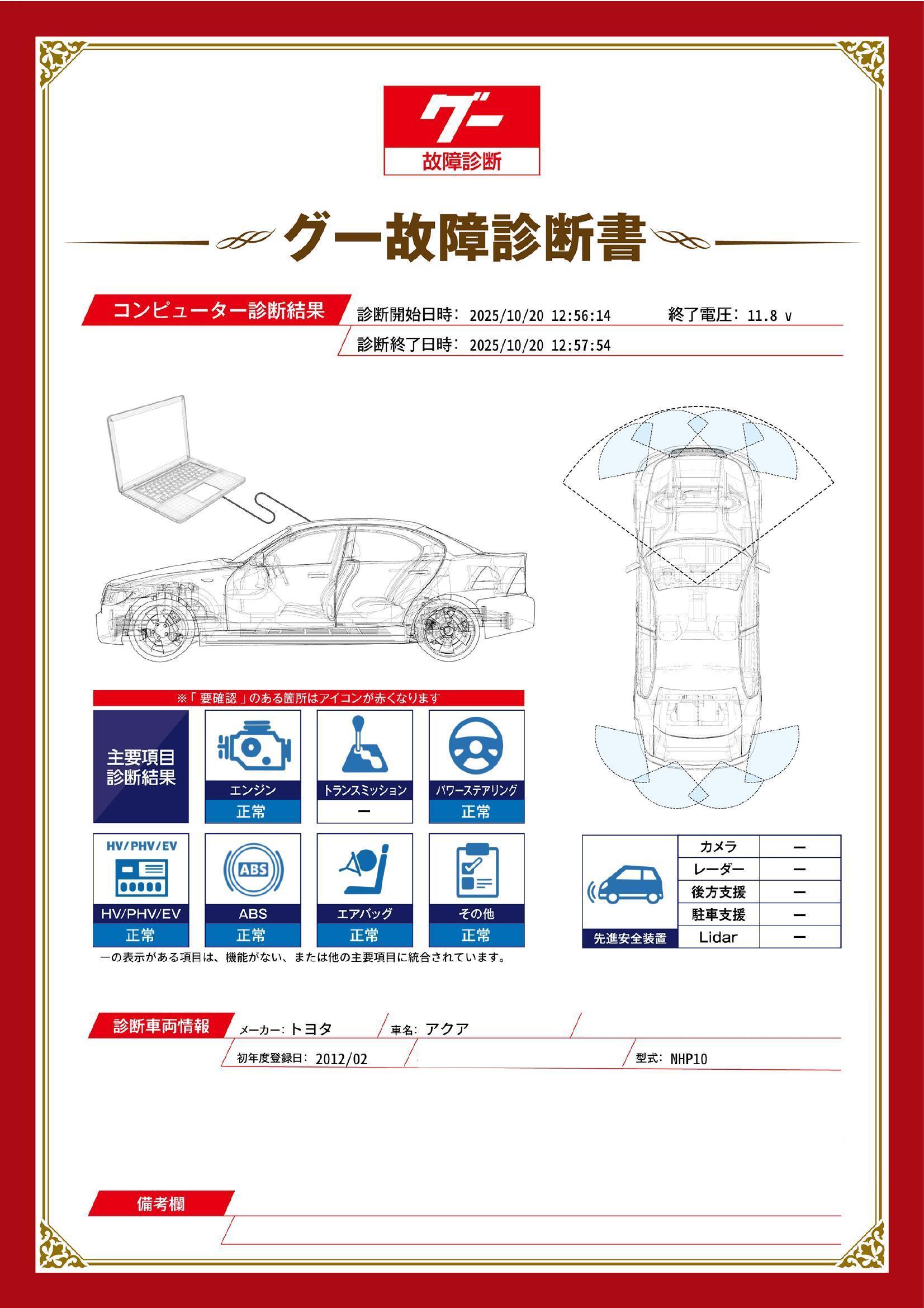 トヨタ　アクア　グー故障診断（コンピュータ診断）　大阪府　守口市