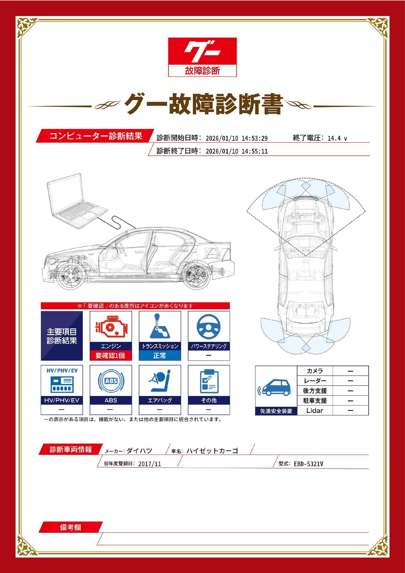 ダイハツ　ハイゼットカーゴ　グー故障診断（コンピュータ診断）　エンジン　山口県　宇部市