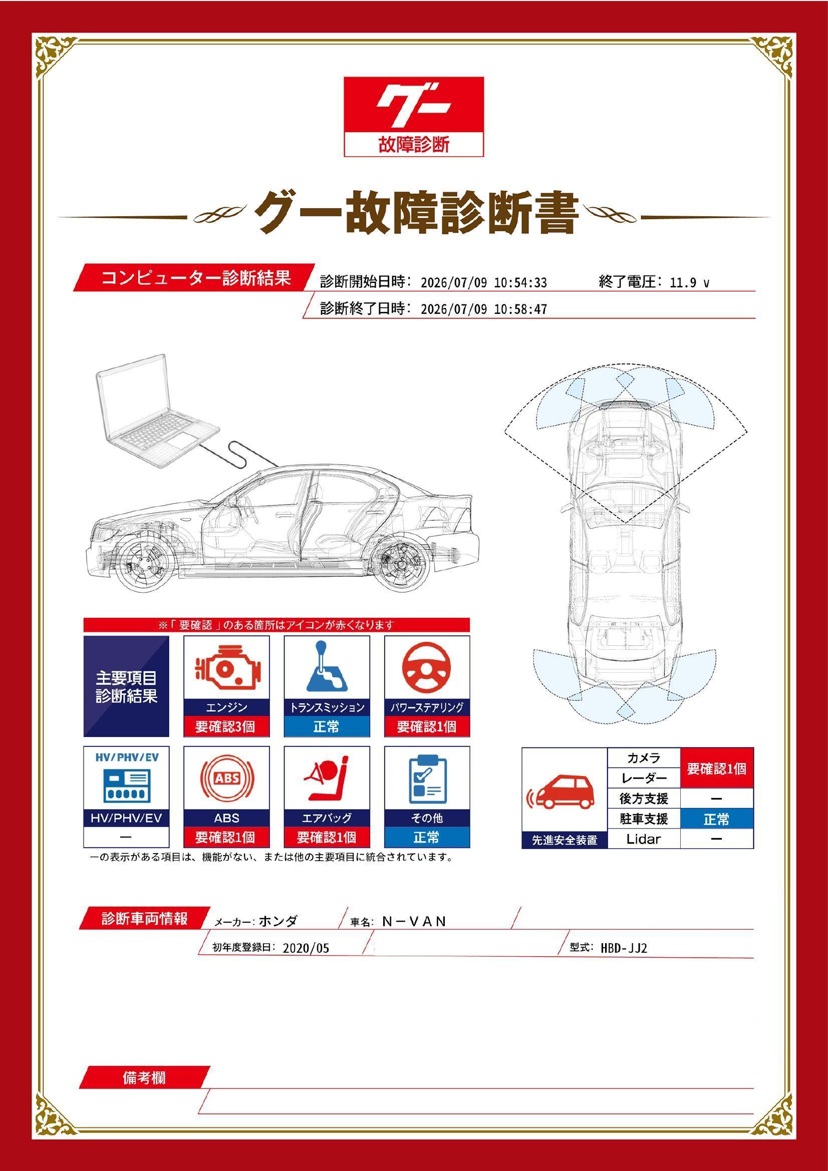 ホンダ　Ｎ－ＶＡＮ　グー故障診断（コンピュータ診断）　エンジン　ABS　パワーステアリング　エアバッグ　先進安全装置　岡山県　総社市