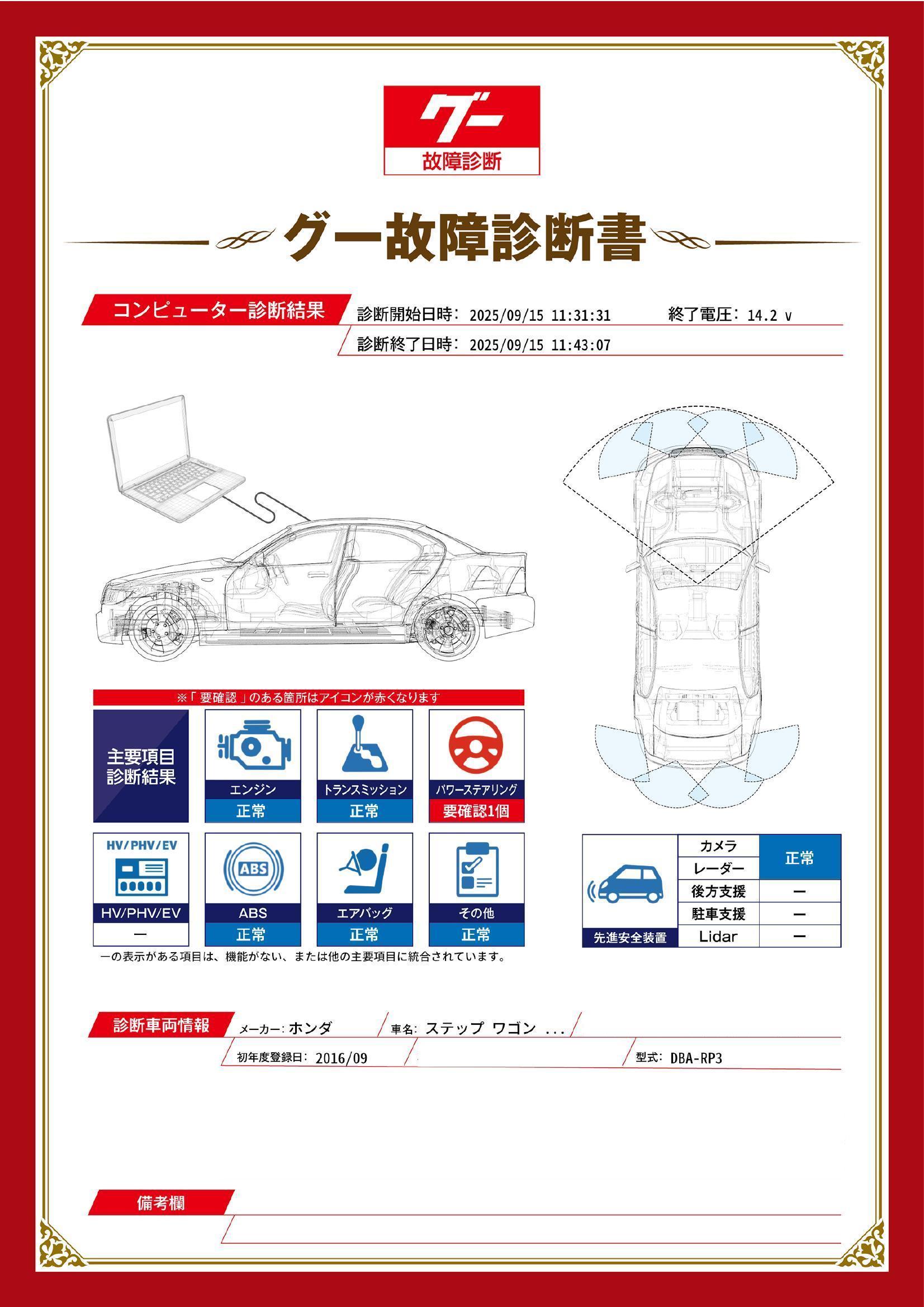 ホンダ　ステップワゴンスパーダ　グー故障診断（コンピュータ診断）　パワーステアリング　岡山県　総社市