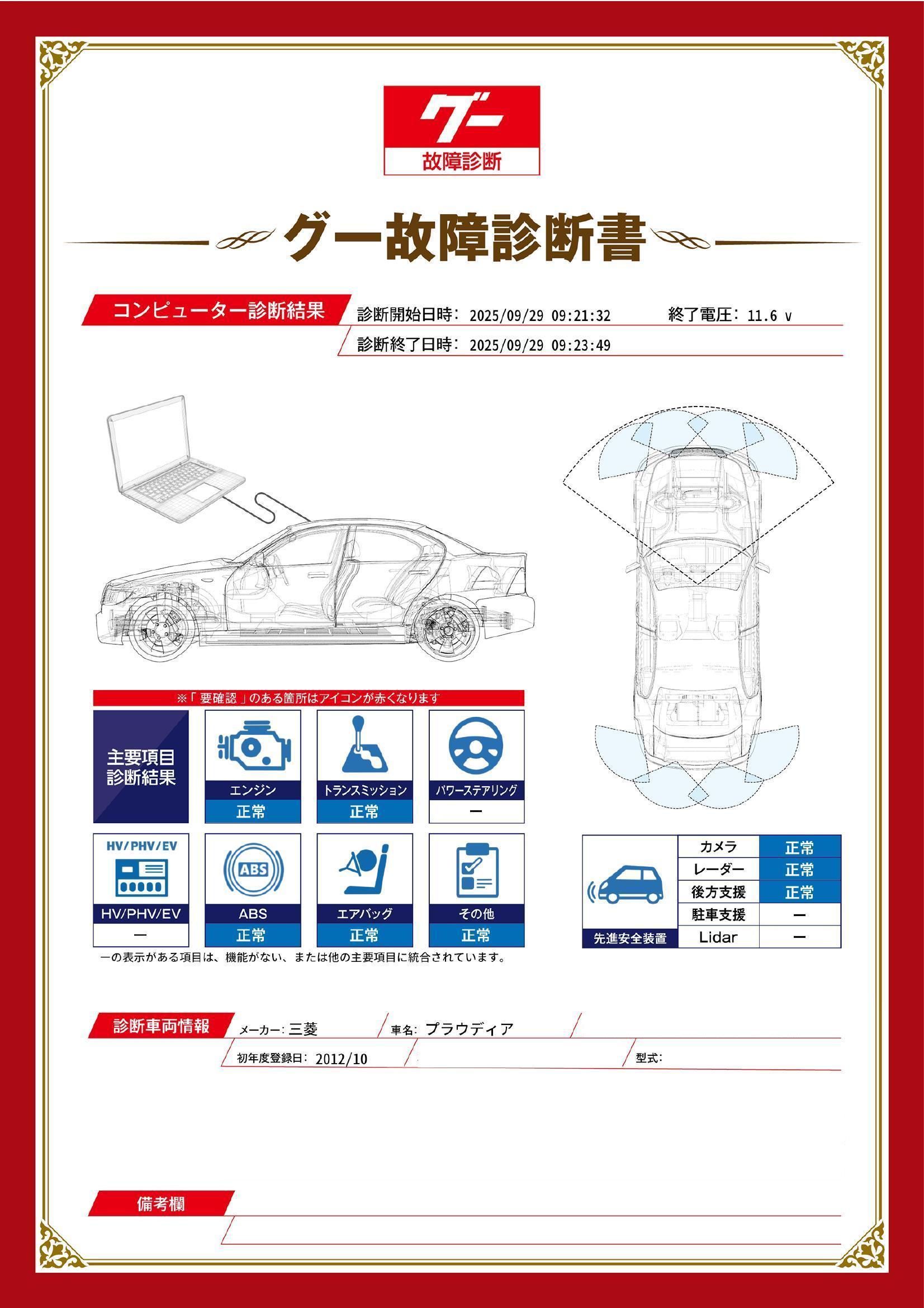 三菱　プラウディア　グー故障診断（コンピュータ診断）　岡山県　総社市
