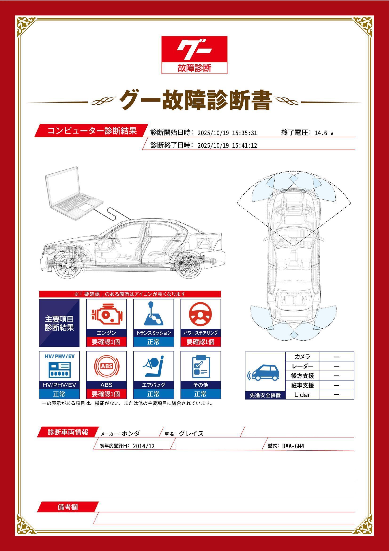 ホンダ　グレイス　グー故障診断（コンピュータ診断）　エンジン　ABS　パワーステアリング　香川県　高松市