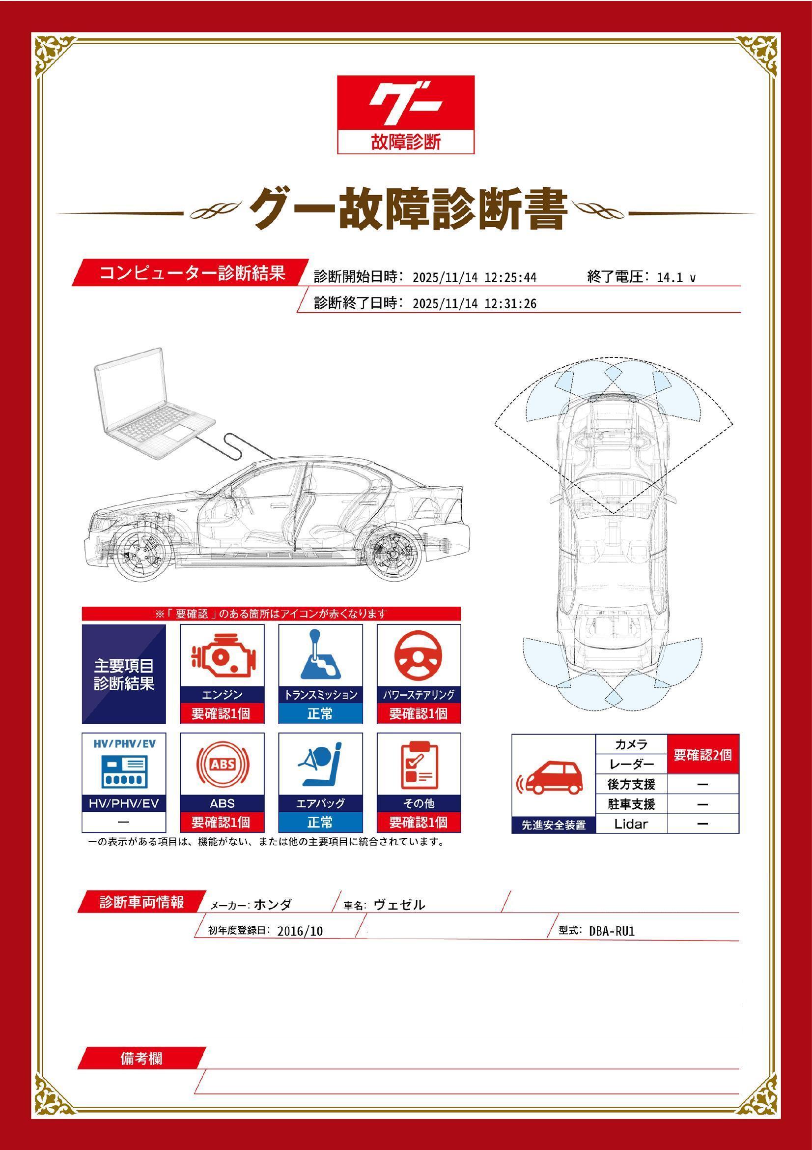 ホンダ　ヴェゼル　グー故障診断（コンピュータ診断）　エンジン　ABS　パワーステアリング　先進安全装置　その他　香川県　高松市