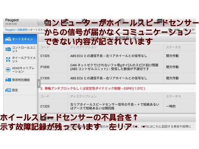 プジョー308　ABS　横滑り警告灯点灯　ABSセンサー　ホイールスピードセンサー
菊陽町　光の森　合志市　大津町　菊池　山鹿　泗水　植木　熊本市　益城　玉名　阿蘇
