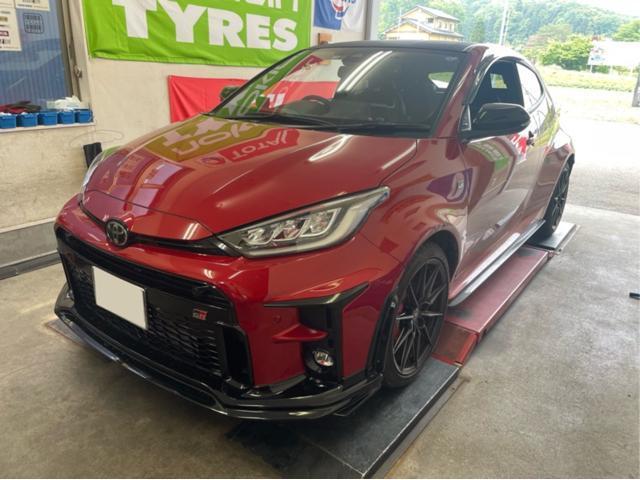 トヨタ　GRヤリス　車高調取付　HKSハイパーマックス　4輪アライメント　マフラー取付　HKSスーパーターボマフラー　福島県　白河市　GTパーツ販売取付　中古車販売店