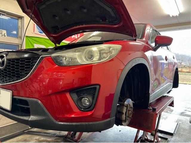 マツダ　ＣＸ－５　法定車検整備　スタビライザーリンク交換　エアークリーナー交換　エンジンオイル交換　ブレーキメンテナンス　中古車販売店　福島県　白河市