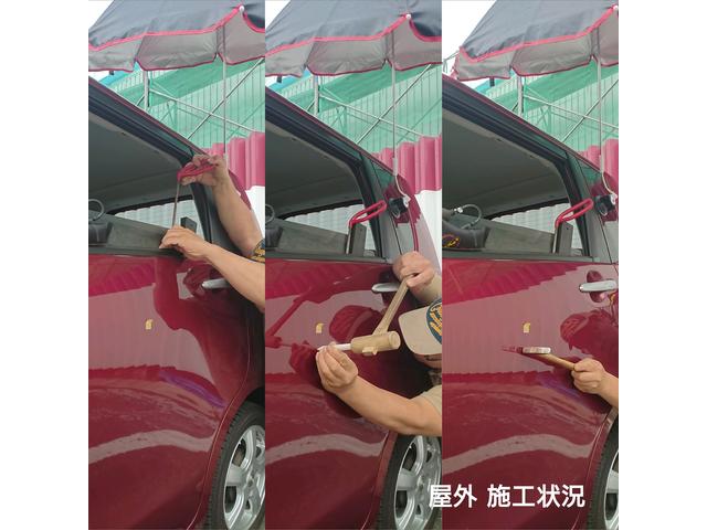 ダイハツ ムーブ リアドアの約3センチの折れ目の付いたえくぼ状の傷有りのへこみのデントリペア