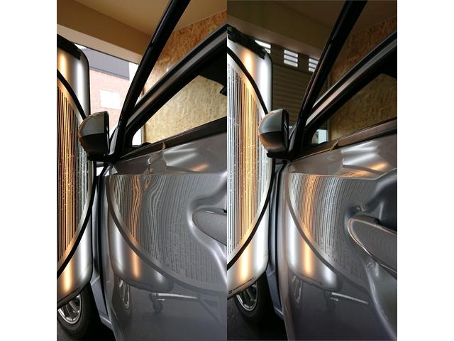 ダイハツ ミライースのフロントドアのプレスライン上の凹みのデントリペア