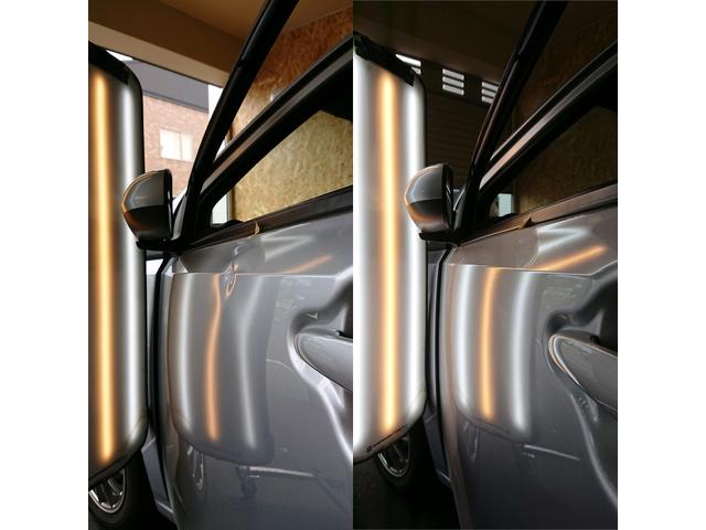 ダイハツ ミライースのフロントドアのプレスライン上の凹みのデントリペア