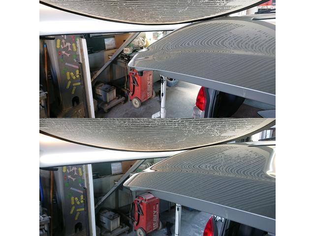 トヨタ サクシードバンのバックドアパネルのプレスライン上手のひらサイズの凹みのデントリペア