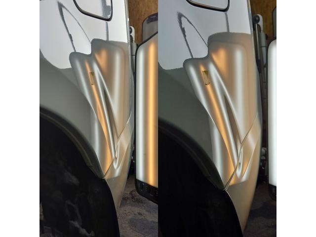 三菱 デリカD5のクォーターパネルのプレスライン上の凹みのデントリペア