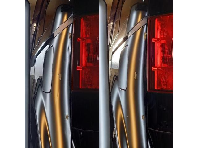 三菱 デリカD5のバックドアパネルとクォーターパネルのへこみのデントリペア