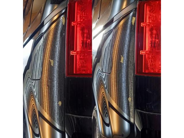 三菱 デリカD5のバックドアパネルとクォーターパネルのへこみのデントリペア