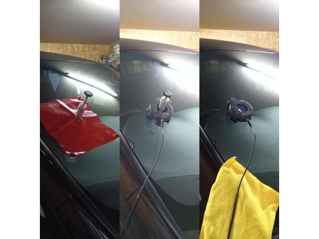 トヨタ ヴェルファイアのフロントガラスのウィンドリペアとルーフ、フロントフェンダー、スライトドア7箇所のへこみのデントリペア