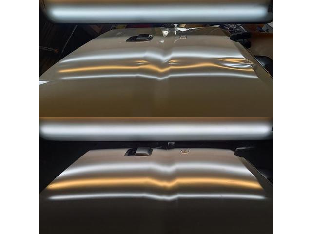 スズキ エブリィバンのバックドアパネルとリアバンパーのへこみのデントリペア