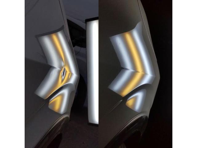 日産 リーフのフロントフェンダーの傷ありのへこみのデントリペア