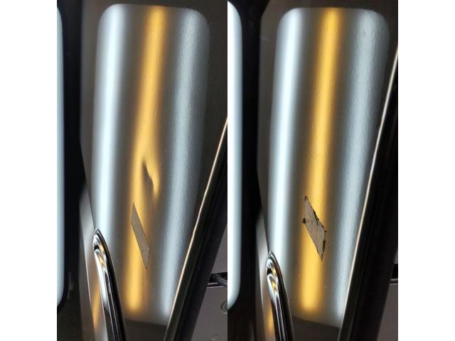 MITSUBISHI FUSO キャンターの助手席ドアにできた横に引きずったへこみをデントリペア