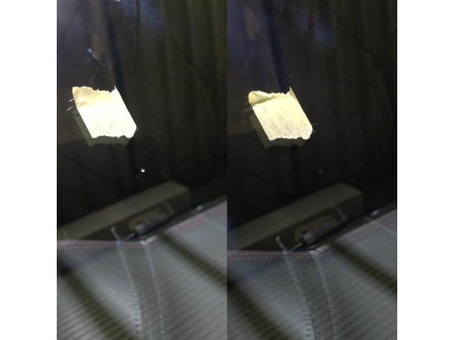 トヨタ ハイエースのフロントガラスに飛び石が被弾した表面の欠けのウィンドリペアと線傷のガラス研磨