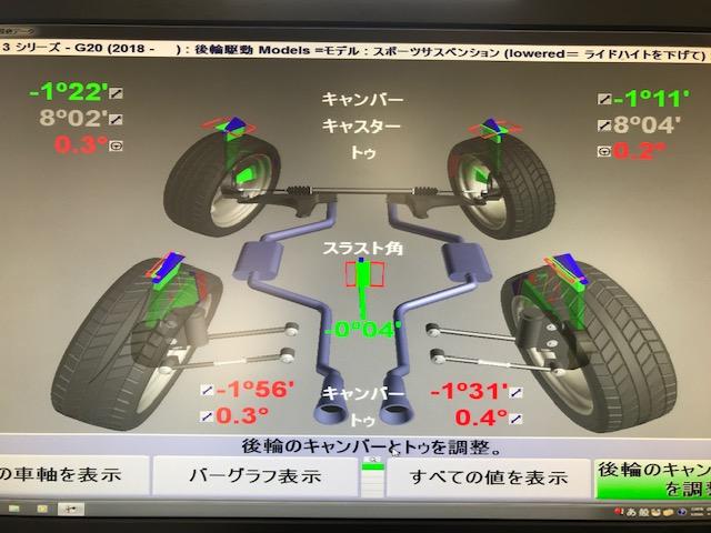 ｂｍｗ ｇ２０ ３２０ｉ アラメント調整 ４輪アライメント 広島市 安佐北区 三入 シグナル アライメントキャンペーン中 ３ｄアライメント ハンター 部品持込み取付け 車高調取付け ダウンサス取付け タイヤ持込み交換 １ｇ締め １ｇ締め直し グーネットピット