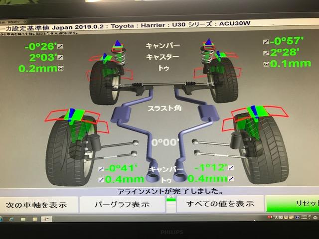 トヨタ　ＡＣＵ３０Ｗ　ハリアー　４輪アラメント調整　広島市　安佐北区　三入　シグナル　３Ｄアライメント　ハンター　アライメトキャンペーン中　ダウンサス取付け　車高調取付け　ブッシュ１Ｇ締め　リジカラ取付け　ドラレコ取付け　ナビ取付け