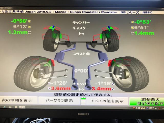 マツダ　ＮＢ８Ｃ　ロードスター　四輪アライメント調整　広島市　安佐北区　三入　シグナル　４輪トータルアライメント測定　３Ｄアライメント　ハンター　アライメトキャンペーン中　アライメント安い　車高調取付け　ダウンサス取付け　ブッシュ１Ｇ締め　