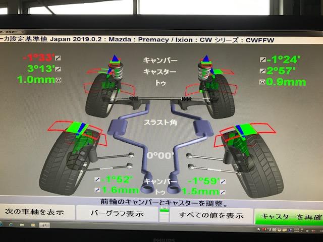 マツダ　ＣＷＦＦＷ　プレマシー　四輪アライメント調整　広島市　安佐北区　三入　シグナル　四輪トータルアライメント測定　３Ｄアライメント　ハンター　アライメントキャンペーン中　アライメント安い　タイヤ偏摩耗　タイヤ片減り　フラフラする　