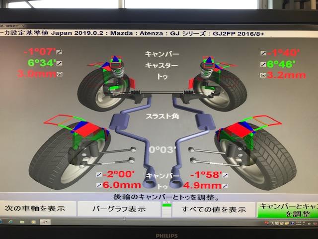 マツダ　ＧＪ２ＦＰ　アテンザ　四輪アラメント調整　広島市　安佐北区　三入　シグナル　四輪トータルアライメント測定　３Ｄアライメントテスター　ハンター　アライメントキャンペーン中　アライメント安い　タイヤ偏摩耗　フラフラする　ローダウン　　