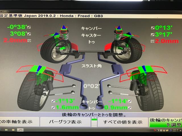 ホンダ ｇｂ３ フリード 四輪アライメント測定 調整一式 広島市 安佐北区 三入 シグナル 四輪トータルアライメント測定 ３ｄアライメント調整 ハンター アライメントキャンペーン中 アライメント安い タイヤ偏摩耗 外減り 内減り グーネットピット