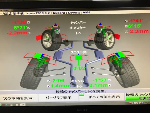 スバル　ＶＭ４　レヴォーグ　ＫＹＢ　カヤバ　ローファースポーツプラス取付け　ブッシュ１Ｇ締め直し　四輪アライメント調整　広島市　安佐北区　三入　シグナル　部品持込み取付け　ローダウン　アライメントキャンペーン中　アライメント安い　ハンター