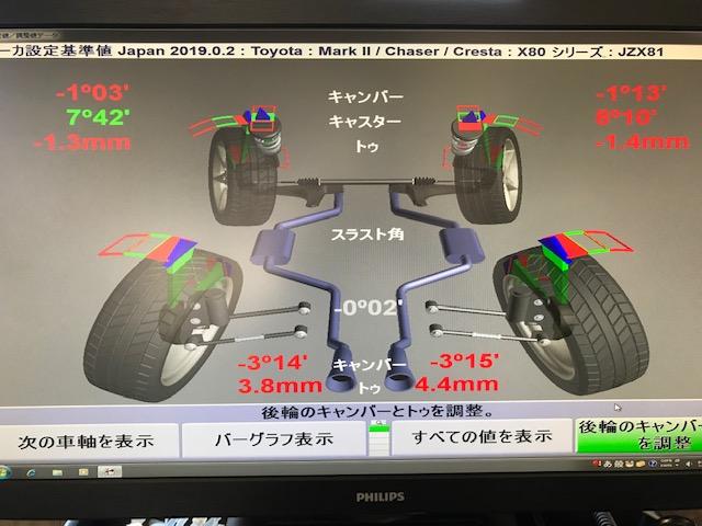 トヨタ　ＪＺＸ８１　チェイサー　四輪アライメント調整　広島市　安佐北区　三入　シグナル　四輪トータルアライメント測定　３Ｄアライメント　ハンター　アライメントキャンペーン中　アライメント安い　旧車　ドリフト　タイムアタック　欧州車　輸入車