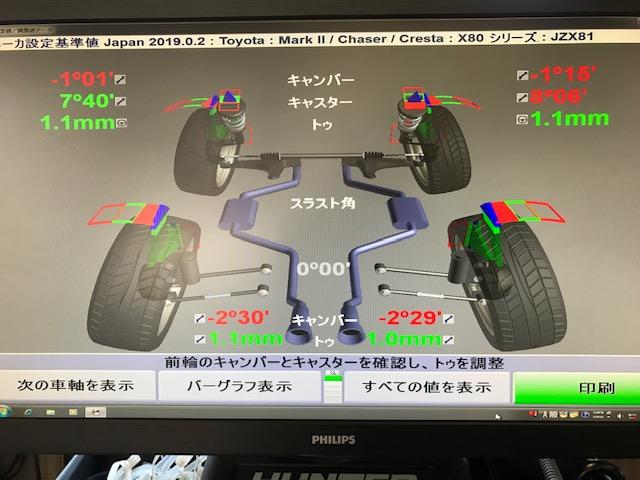 トヨタ ｊｚｘ８１ チェイサー 四輪アライメント調整 広島市 安佐北区 三入 シグナル 四輪トータルアライメント測定 ３ｄアライメント ハンター アライメントキャンペーン中 アライメント安い 旧車 ドリフト タイムアタック 欧州車 輸入車 グーネットピット